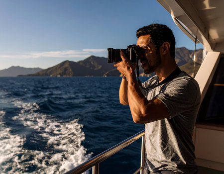 Portrait of a handsome young man taking a photo with a camera on a cruise ship.の素材