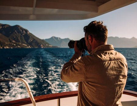 Photographer on the deck of a boat in the Mediterranean Sea.の素材