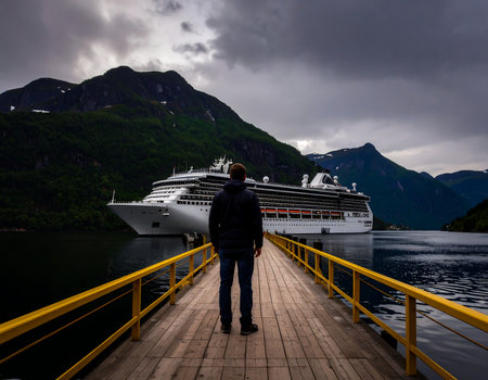 Tourism vacation and travel. Man standing on a pier and looking at cruise ship in Norway Scandinavia Europe.の素材