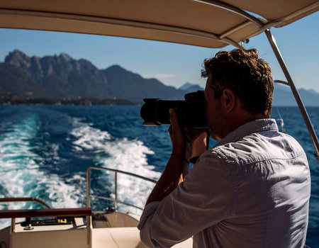 Photographer on the deck of a luxury yacht in the Mediterranean seaの素材