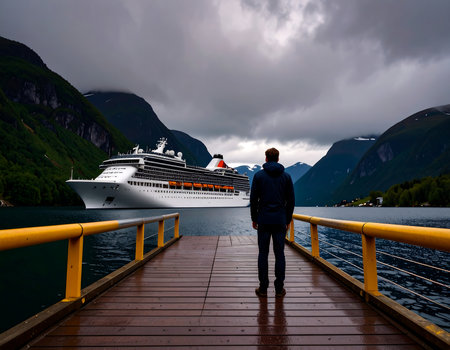 Tourism vacation and travel. Man standing on pier and looking at cruise ship on fjord in Norway Scandinavia.の素材