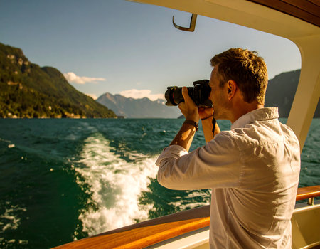 Photographer taking picture of lake Lucerne from boat, Switzerlandの素材