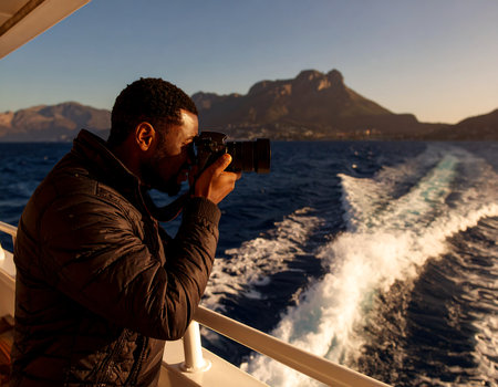 Young african american male tourist taking photo of the mountains on a cruise shipの素材