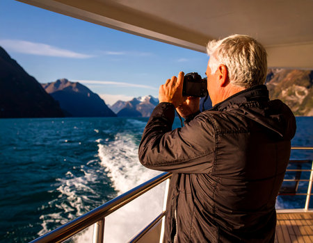 Senior man taking photo on cruise ship in Glacier Bay National Park, Alaskaの素材