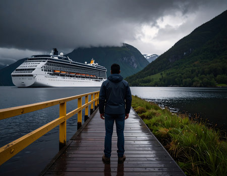 Tourism vacation and travel. Man standing on wooden pier and looking at cruise ship in fjord.の素材