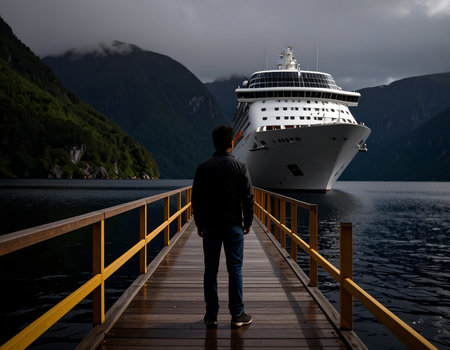 Man standing on a wooden pier and looking at a cruise ship.の素材