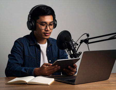 Young indian man in headphones using a tablet and listening to musicの素材