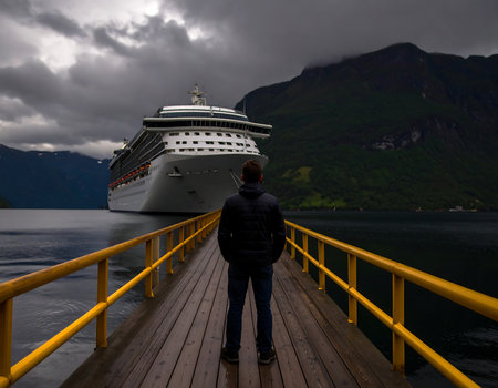 Tourism vacation and travel. Man watching cruise ship in fjord, Norway Scandinavia.の素材