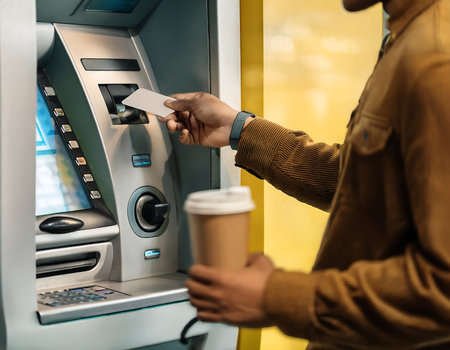 cropped shot of man holding credit card and using ATM at shopping mallの素材