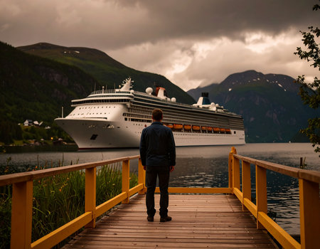 A young man looking at the cruise ship on the fjordの素材