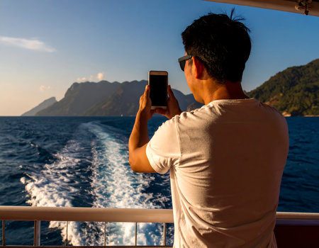 Young man taking photo with smartphone on a cruise ship in the seaの素材