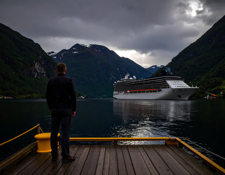 Tourism vacation and travel. Man looking at cruise ship in fjord, Norway Scandinavia.の素材