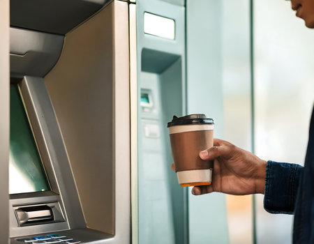 Man hand holding a paper cup of coffee and using an ATM.の素材