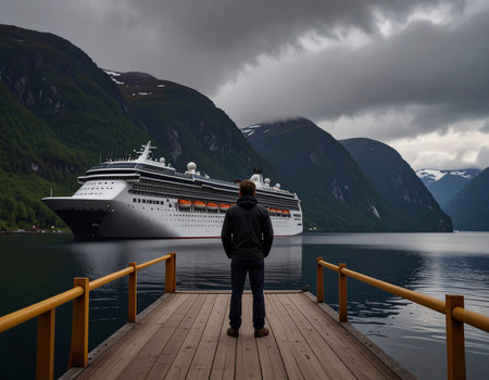 Tourism vacation and travel. Man looking at cruise ship on the fjord in Norway.の素材