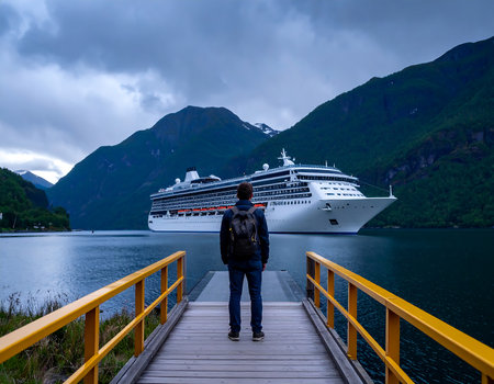 Tourism vacation and travel. Man standing on a wooden pier and looking at cruise ship in Norway fjord.の素材