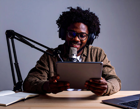 young handsome afro american man with afro hairstyle in the studio working with a tablet computer and headphonesの素材