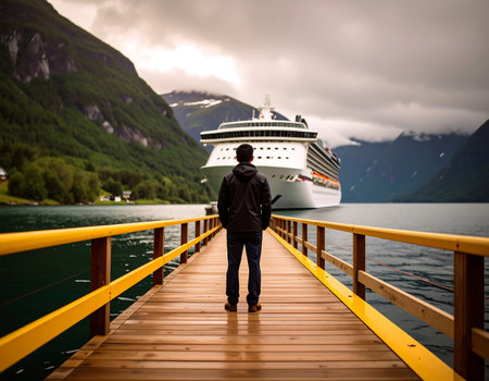 Man standing on a pier and looking at the cruise ship in the fjordの素材