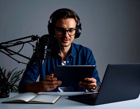 Portrait of a young man with headphones and a digital tablet.の素材