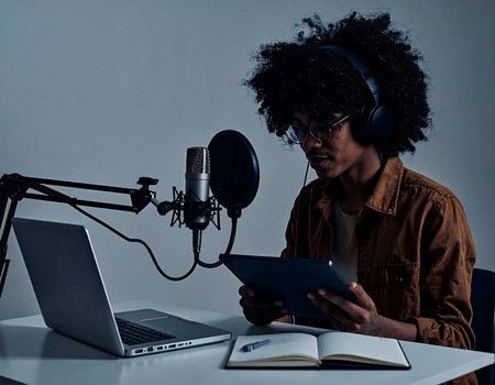 Young afro-american man in headphones with microphone and laptopの素材