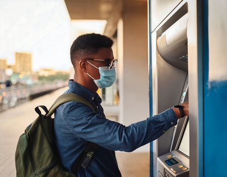 Young african american man in protective mask withdrawing money from credit card at ATMの素材