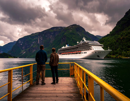 Tourism vacation and travel. Two tourists on a wooden pier with a cruise ship in the background, Norway Scandinavia.の素材