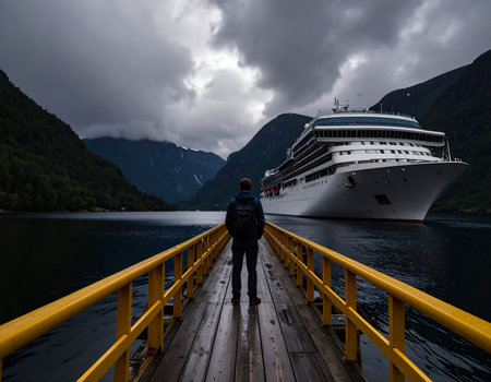 Woman on a pier with a cruise ship in the background, Norwayの素材
