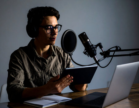 Young man recording a podcast in his home studio using a digital tabletの素材