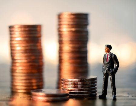 Miniature people: Businessman standing on stack of coins with blur backgroundの素材