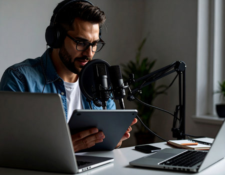 Young man in headphones with microphone and laptop recording podcast at home.の素材