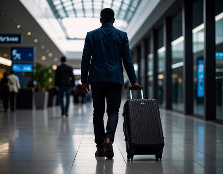Rear view of a young African businessman walking with a suitcase at the airportの素材