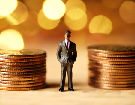 Miniature people: Businessman standing on stack of coins with bokeh background.の素材