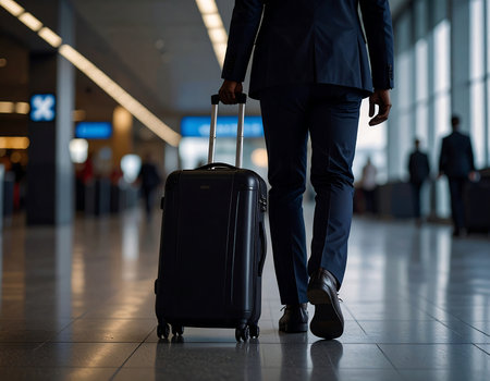 Businessman walking with luggage in airport terminal. Travel and transport concept.の素材