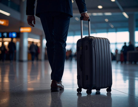 Close-up of businessman walking with luggage at airport. Business travel conceptの素材