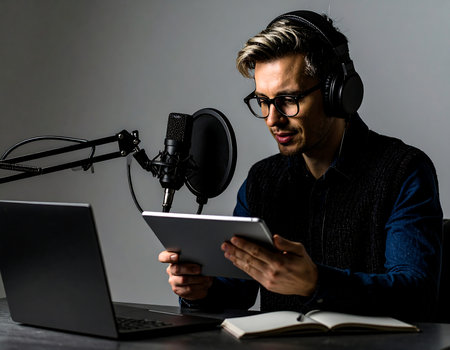 Portrait of a handsome radio host using a tablet computer and headphones.の素材