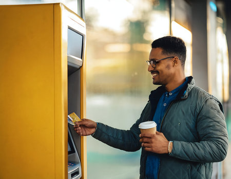 Happy african american man using credit card at cash machine outdoorsの素材