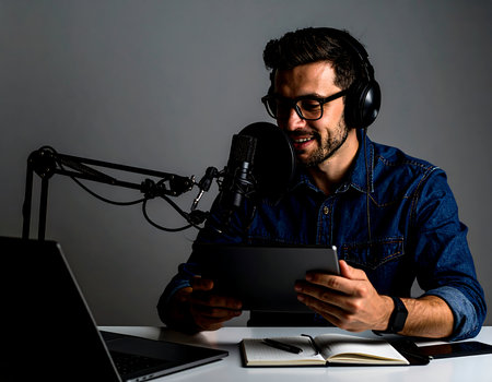 Young radio host working in his studio with a microphone and a laptopの素材