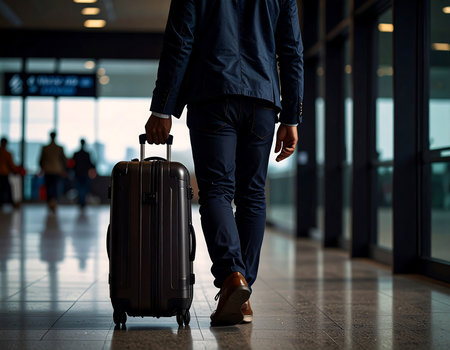 Businessman walking with luggage at airport. Business travel and vacation concept.の素材
