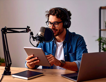 Young male radio host working at home on a digital tablet and microphoneの素材