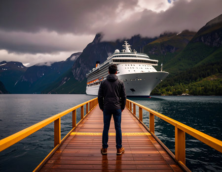 Tourism vacation and travel. Man standing on wooden pier and looking at cruise ship in fjord.の素材