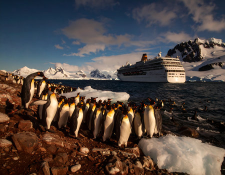 Gentoo penguins and cruise ship, Antarctic Peninsula, Antarcticaの素材