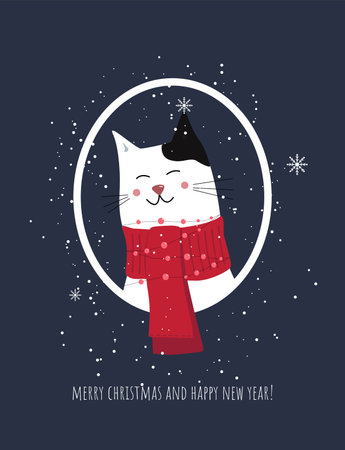 white cute flat cat with black ear in red scarf for cards, posters, prints, wrapping paper, gifts, digital illustrations, patterns. vector art with white cat in red scarf for web illustrations, children books, postcardsのイラスト素材