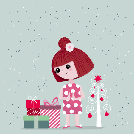 the flat cute beautiful girl wit presents and white xmas tree for posters, cards, postcards, landing pages, arts, illustrations. the vector illustration with isolated single cute girl with three gifts for digital artsのイラスト素材