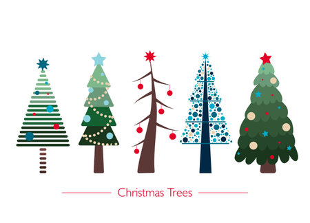 the set of five flat simple cute christmas trees for xmas decorations, patterns, prints, cards, stickers. the vector illustration with the group of 5 cute flat christmas treesのイラスト素材