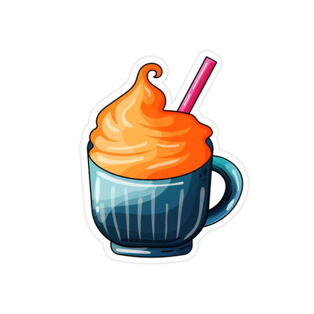 isolated sweet simple caramel drink in blue cup on the white background. vector sticker art. vector flat illustraton for cards, stickers, postres, patterns. digital illustrationのイラスト素材