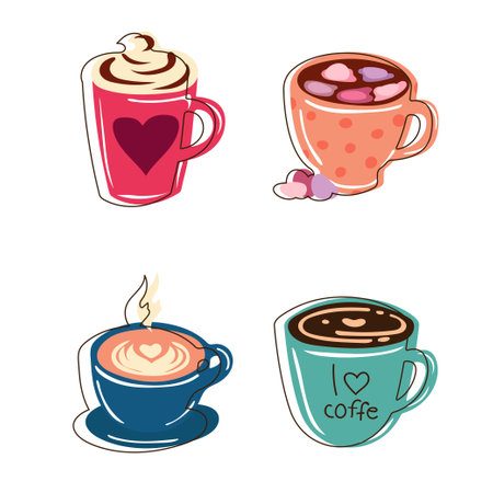 the set of four colorfull isolated simple flat cups of coffee on the white background. vector flat art. simple digital illustration with outline lines. group of illustrations with mugsのイラスト素材