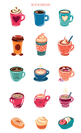 set of 12 colorful mugs on the white background. vector illustration art with group of mugs. simple digital illustration with flat cups. group of illustrations with mugsのイラスト素材