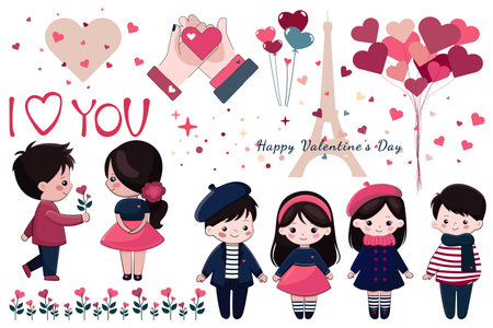 retro cute set of romantic decor elements in flat style. vector simple group with valentine day details. vector template for valentine's day in flat style. vector flat elements for cards, posters, postsのイラスト素材