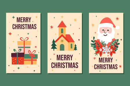vintage set of cards in cute flat style. scandinavian graphic art of group xmas cards with greetings. retro flat vector xmas template for posters, cards, backgroundsのイラスト素材