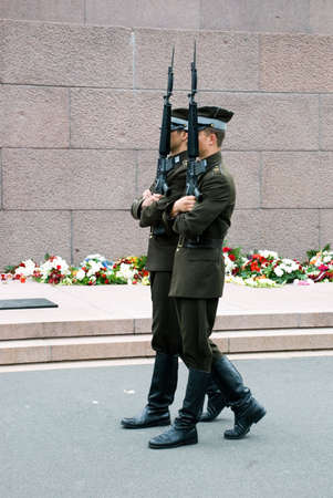 August 2008 - Riga, Latvia. Soldiers patroling near Statue of Libertyの写真素材