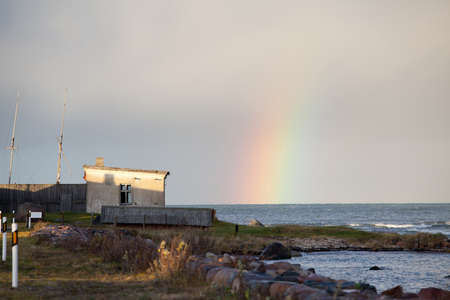 Winter Landscape Rainbow at Horizon  Tahkuna, Hiiumaa, Estoniaの写真素材